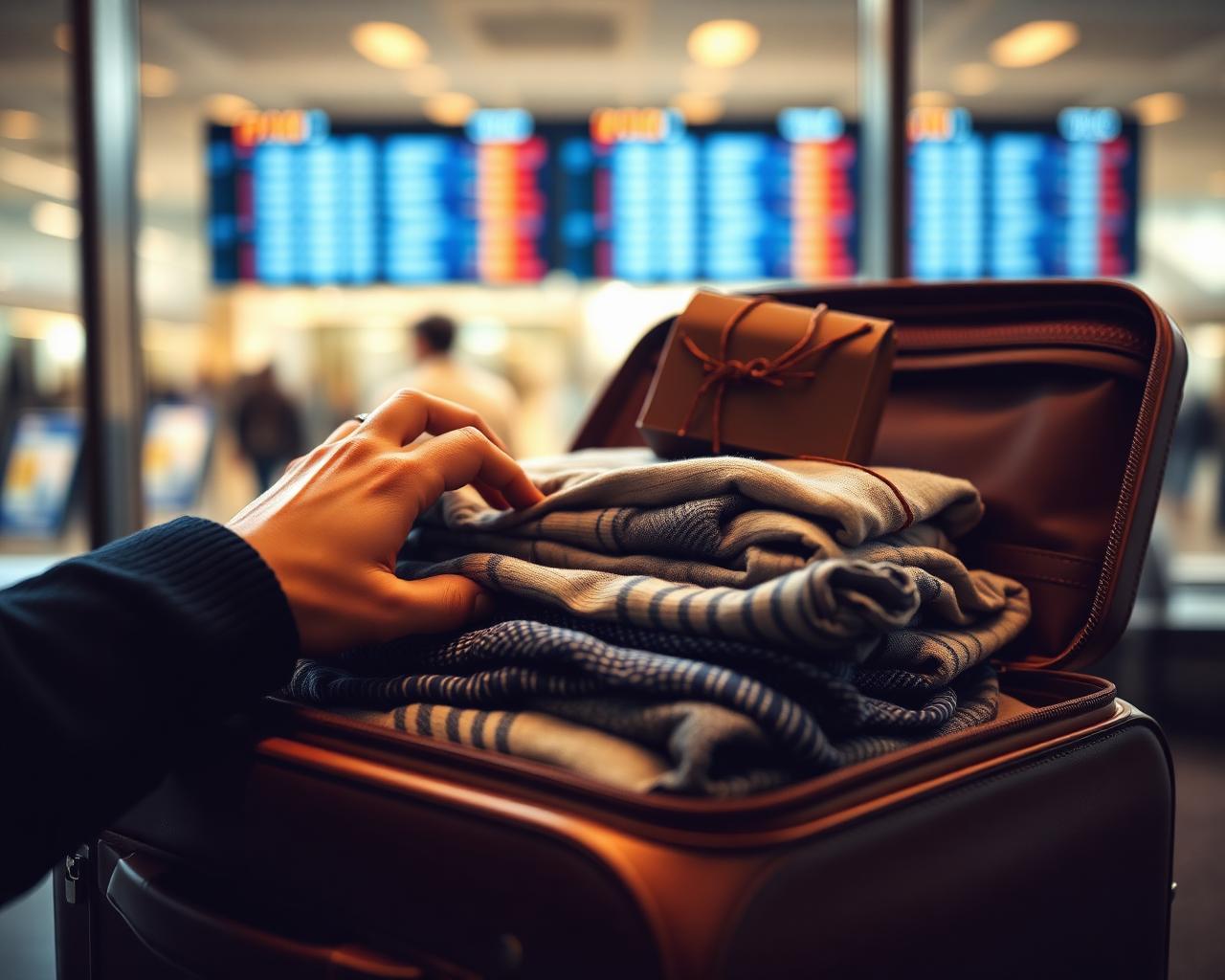 A traveler packing a suitcase with clothes and a small parcel at an airport